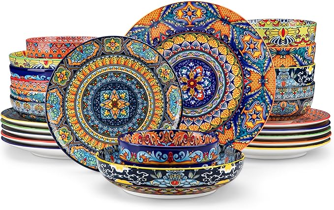 vancasso 24-Piece Dinnerware SetsPlates &amp Bowls Sets Service for 6 Bohemian Porcelain Dishes Set for 6 Kitchen Dinner SetMicrowave &amp Dishwasher Safe Scratch ResistantSeries KRVI