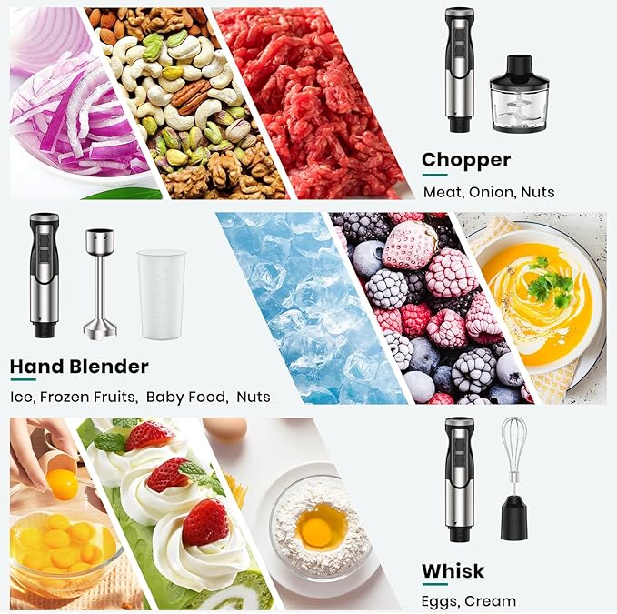 1800W Immersion Blender Handheld 4-in-1 Hand Blender Stick for Ice Crushing Smoothie Baby Food Soup 8 Speed Hand Mixer Turbo Boost Stainless Steel Blade with Whisk Chopper Beaker