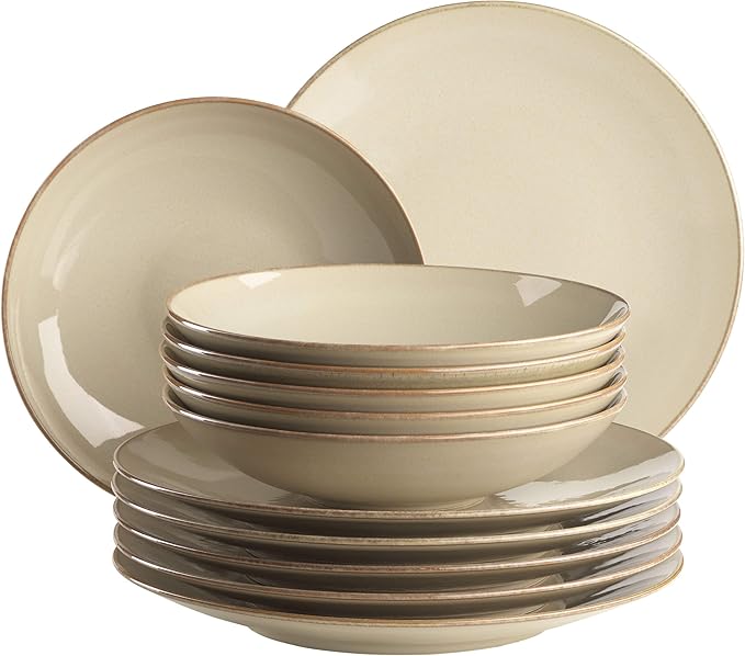 MÄSER Vintage Mediterranean 6 Seater-12 Piece Modern Set with Soup Dinner Plates in Sandy Grey Ceramic