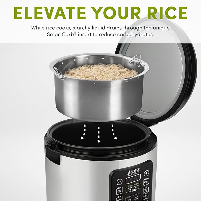 Aroma Housewares ARC-1120SBL SmartCarb Cool-Touch Stainless Steel Rice Multicooker Food Steamer Slow Cooker with Non-Stick Inner Pot and Steam Tray 20-Cup(cooked)/ 5Qt Black