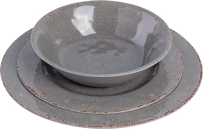 Gibson Home Mauna Melamine Plastic Dinnerware Set Service for 4 (12pcs) Grey Rustic
