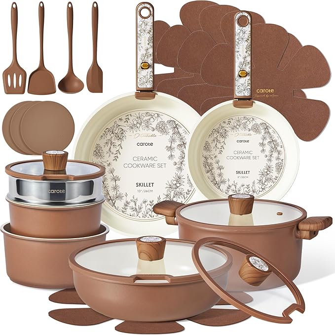CAROTE 25-Piece Ceramic Cookware Set Nonstick Pots and Pans Set with Detachable Handle Non-Toxic Kitchen Cooking Set Dishwasher &amp Oven Safe Induction Compatible PFAS Free Chocolate