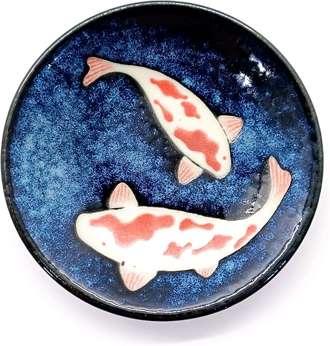 Made in Japan Koi Fish Ceramic Dinnerware Set – 6-Piece Blue &amp Red Plates and Bowls | Hand-Painted Carp Motif | Dishwasher Safe | Japanese Tableware Gift Set