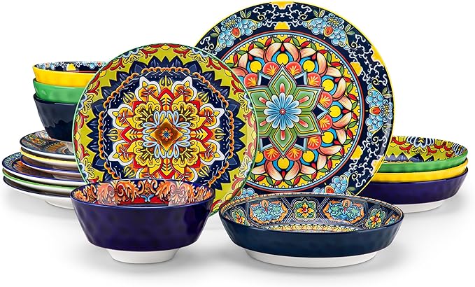 vancasso 16 Pieces Plates and Bowls Set Bohemian Style Dinnerware Sets Service for 4 Porcelain Boho Dishes Set for Kitchen Housewaring Gift Dishwasher and Microwave Safe Series KRVI