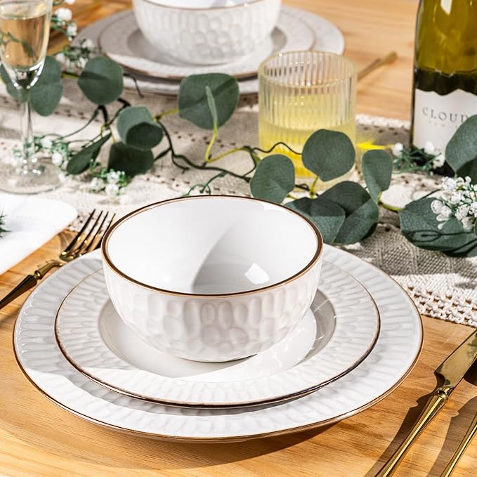 GBHOME Ceramic Dinnerware Sets18 pcs Embossed Elegant Stoneware Plates and Bowls Sets Housewarming Wedding Gift | Dishwasher &amp Microwave Safe | Dishes Set Service for 6