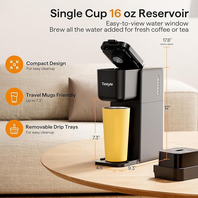 Single Serve Coffee Maker for K Cup Ground and Tea Leaves Hot and Iced Coffee Machines with Bold Setting 6 to 16 Oz Brew Sizes Compact for Small Spaces Black (2.0 Version)