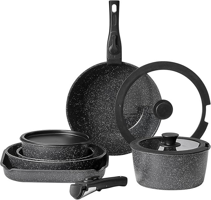 VEVOR 17 Piece Pots and Pans Set Granite Nonstick Detachable Handle Cookware Space Saving Induction Cookwares Kitchen RV Cooking Sets with Frying Sauce Saute Tempered Glass Lid Oven Safe Black