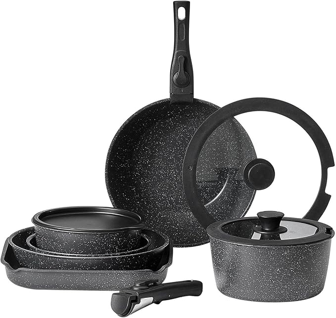 17 Piece Pots and Pans Set Granite Nonstick Cookware Set Induction Compatible Kitchen Cookware Set Black