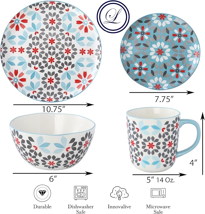 Lorren Home Trends Bone China 16-Piece Dinnerware Set Floral Pattern with Blue and Red Microwave and Dishwasher Safe Service for 4