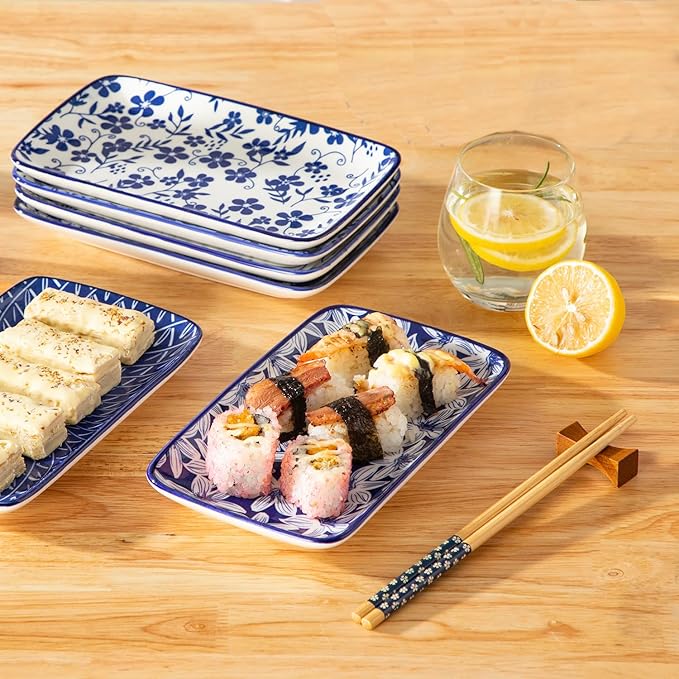 vancasso SELENE Plates and Bowls Set for 4 12 Pieces Dinnerware Sets 8.5 Inch Rectangular Salad Plates Set of 6 Ceramic Salad Plates for Sushi Dessert Appetizer