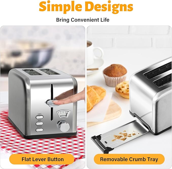 Simple Deluxe 2-Slice Stainless Steel Toaster 5 Browning Setting and 3 Function Extra Wide Slot Toaster with Removable Crumb Tray Silver