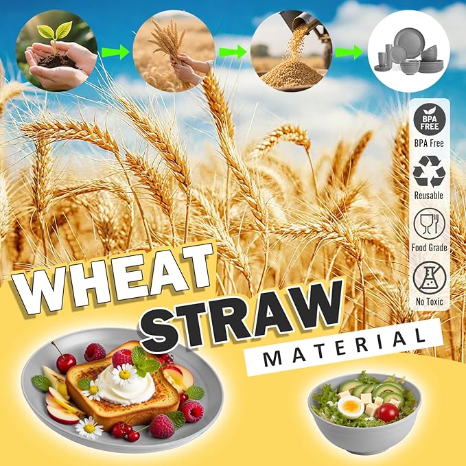 Wheat Straw Dinnerware Sets Plates and Bowls Sets 32 PCS Dinnerware Sets Service for 8 Unbreakable Reusable Plates Set Outdoor Kitchen and Apartment Dinning Essentials - Gray