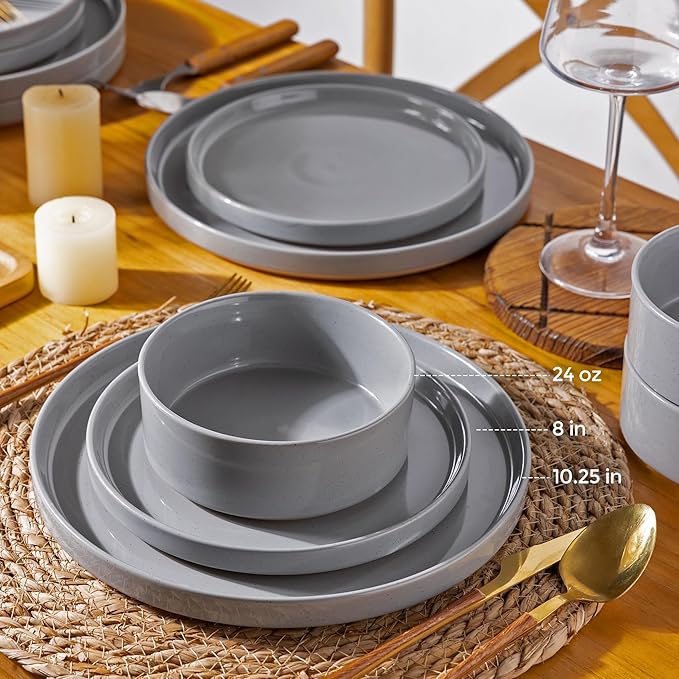 AmorArc Ceramic Dinnerware Set for 8 | Speckled Stoneware Plates and Bowls with Rustic Terracotta Underside| Scratch ResistantDishwasher &amp Microwave Safe Dishes Sets- 24pcs Gray