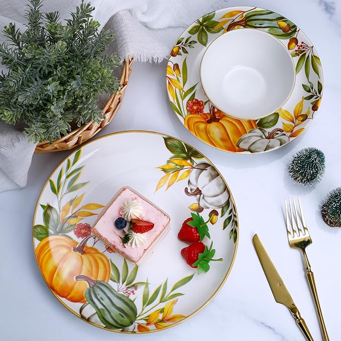 12-Piece Pumpkin Dinnerware Set Porcelain Plates and Bowls for 4 Microwave and Dishwasher Safe Chip Resistant