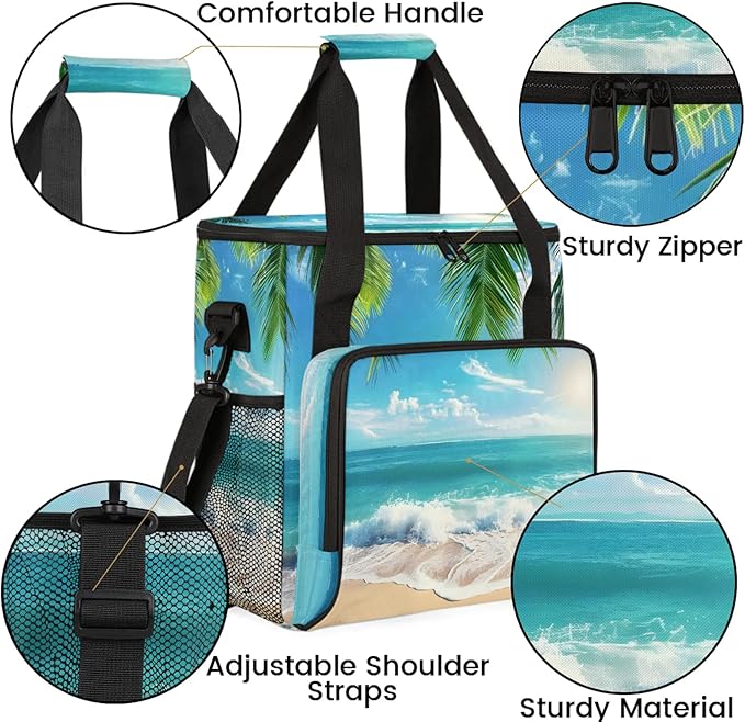 Palm Tree Coastal Beach Travel Coffee Maker Carrying Bag Large Organizer Storage Tote Bag Insulated Reusable Cooler Grocery Bags