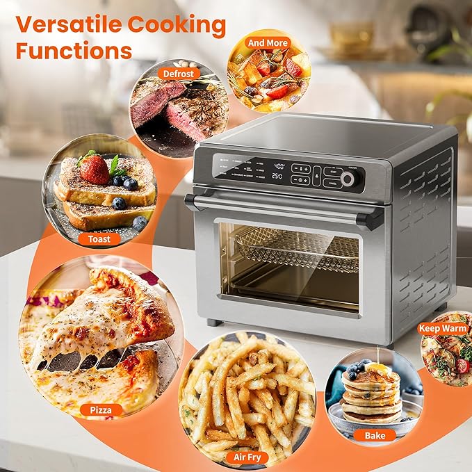 25QT Air Fryer Toaster Oven Combo 12-in-1 Large Convection Airfryer Oven with 70–450℉ Temperature Control &amp 60-Minute Timer Bake Roast &amp Broil Fits 12″ Pizza(Silver)
