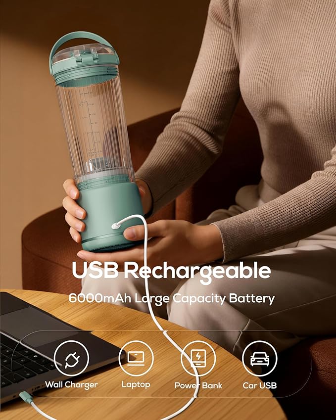 Sangcon Personal Portable Blender for Shakes &amp Smoothies 6000mAh Cordless USB-C Rechargeable Blender with 2 Blend Modes Leakproof Travel Lid Dishwasher Safe Ideal for Gym Office Kitchen BPA-F