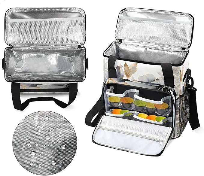 Gray Gold Marble Floral Coffee Maker Carring Bag Large Insulated Storage Organizer Case Tote Bags with Shoulder Strap for Travel Work Picnic
