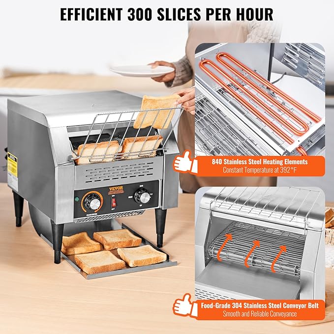 VEVOR Commercial Conveyor Toaster 300 Slices/Hour Heavy Duty Stainless Steel Electric Restaurant Toaster for Toast Bun Bagel Bread