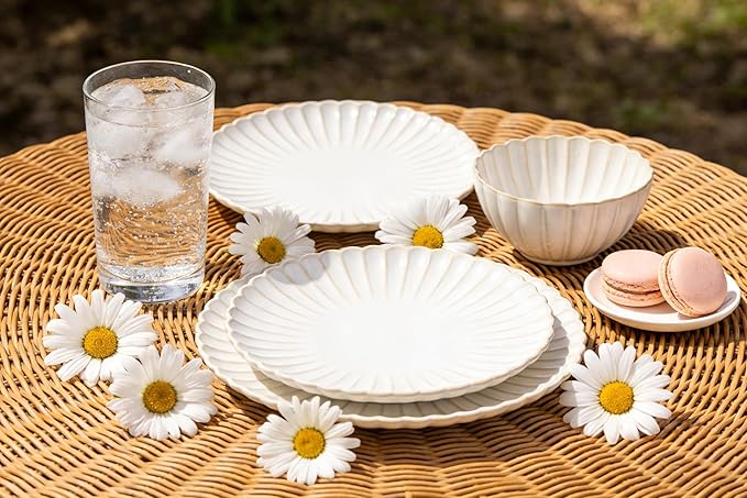 Stoneware Dinnerware Set 12-Piece Wavy Retro Design with Farmhouse Charm Microwave &amp Dishwasher Safe Ideal for Daily Meals &amp Friend Gatherings Includes Dinner &amp Salad Plates Bowls