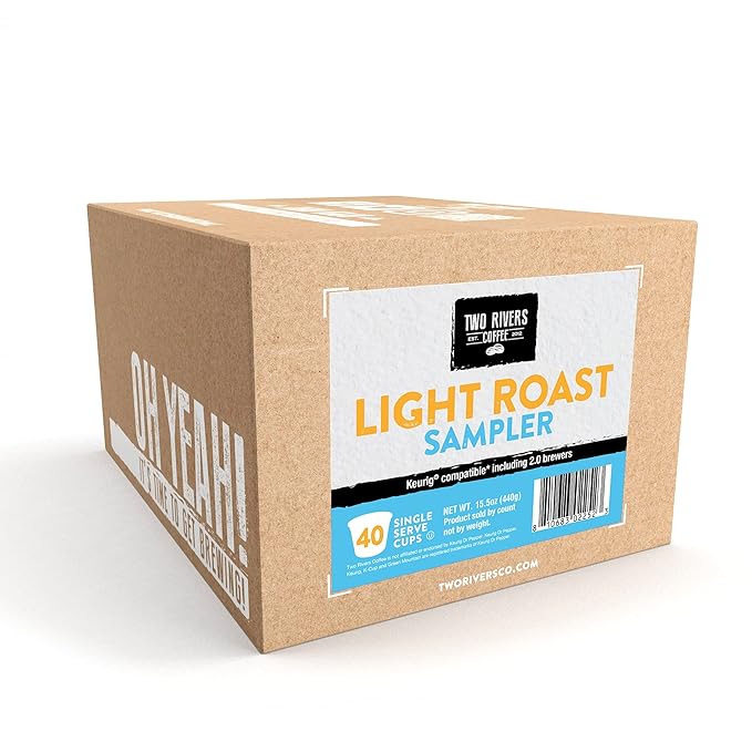 Two Rivers Coffee Light Roast Coffee Pods Compatible with K Cup Brewers Including 2.0 Assorted Variety Sampler Pack 40 Count