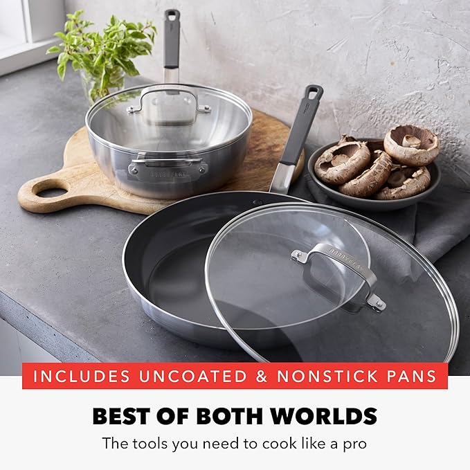 GreenPan x Bobby Flay Stainless Steel 3.75QT Saucepan and 12” Frying Pan Skillet with Glass Lids Professional Grade Tri Ply Induction Suitable Dishwasher &amp Oven Safe Stay Cool Silicone Handle