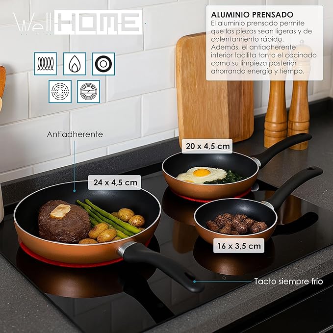 Well Home 5-Piece Cookware Set Stainless Steel + 3 Pans Diameter 16 x 20 x 24 cm Metallic Bronze Pressed Aluminium