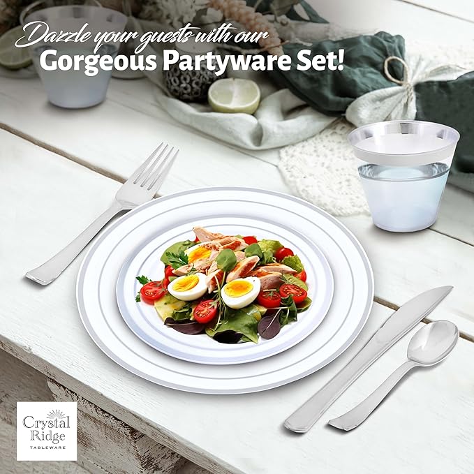 600-Piece Premium Plastic Dinnerware Set for 100 Guests - Includes 100 Dinner Plates Salad Plates Cutlery (Forks Knives Spoons) Cups - White with Silver Rim
