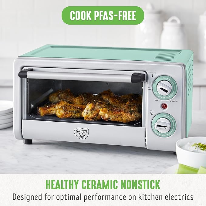 GreenLife Countertop Toaster Oven Air Fryer Stainless Steel Healthy Ceramic Nonstick PFAS Free Tray &amp Basket Bake Broil Reheat Adjustable Temp &amp Time Control Auto Shutoff Turquoise