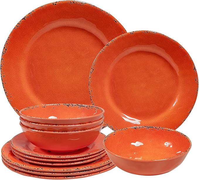 Rustic Melamine Dinnerware Sets Farmhouse Dishes Set for 4 Lightweight 12 Piece Kitchen Plates and Bowls Set for Indoor and Outdoor Use Dishwasher Safe Orange