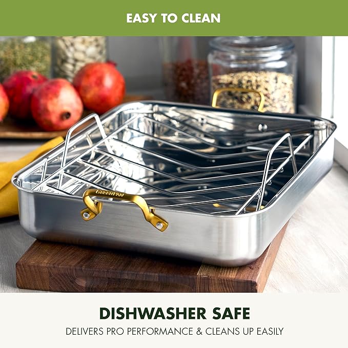 GreenPan Reserve 16 x 13 Tri-Ply Stainless Steel Roasting Pan with Roaster Rack Multiclad Cookware Induction Suitable Gold Stainless Steel Handles Dishwasher &amp Oven Safe Silver