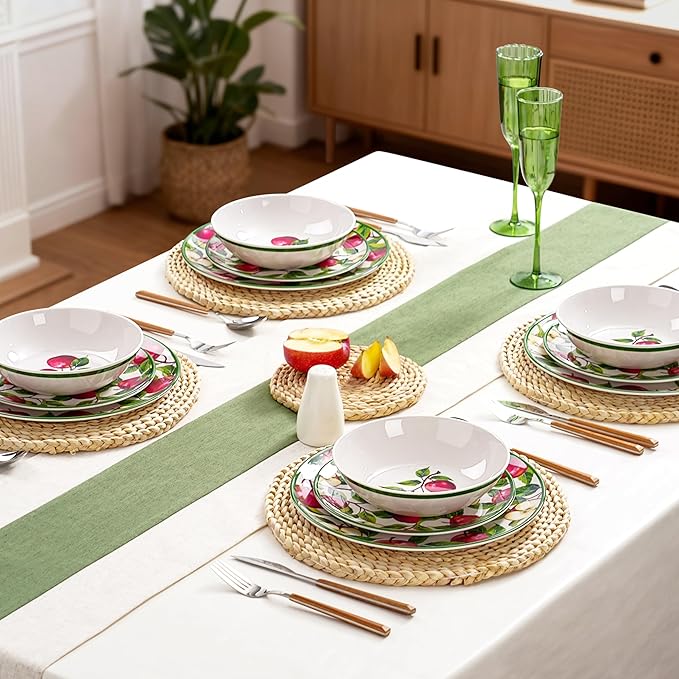Melamine Dinnerware Set for 4 Apple Plates and Bowls Set 12pcs Melamine Dish Set with Green Edge Elegant Kitchen Dishes Lightweight Tableware for Picnic Camping RV Dishwasher Safe