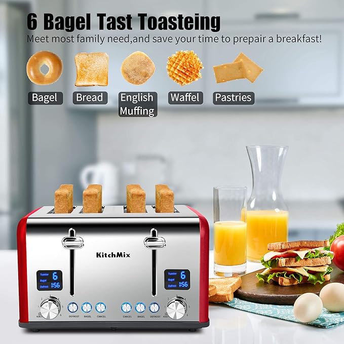Toaster 4 Slice KitchMix Bagel Stainless Toaster with LCD Timer Extra Wide Slots Dual Screen Removal Crumb Tray (Red)