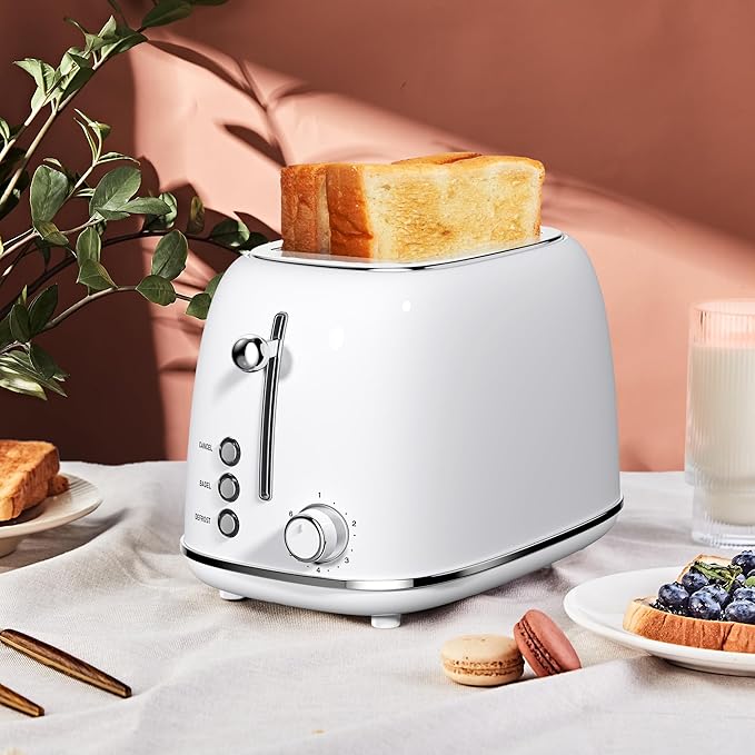 Roter Mond 2 Slice Toaster Retro Stainless Steel with Bagel Cancel and Defrost Functions 6 Bread Shade Settings Extra Wide Slots and Removable Crumb Tray White