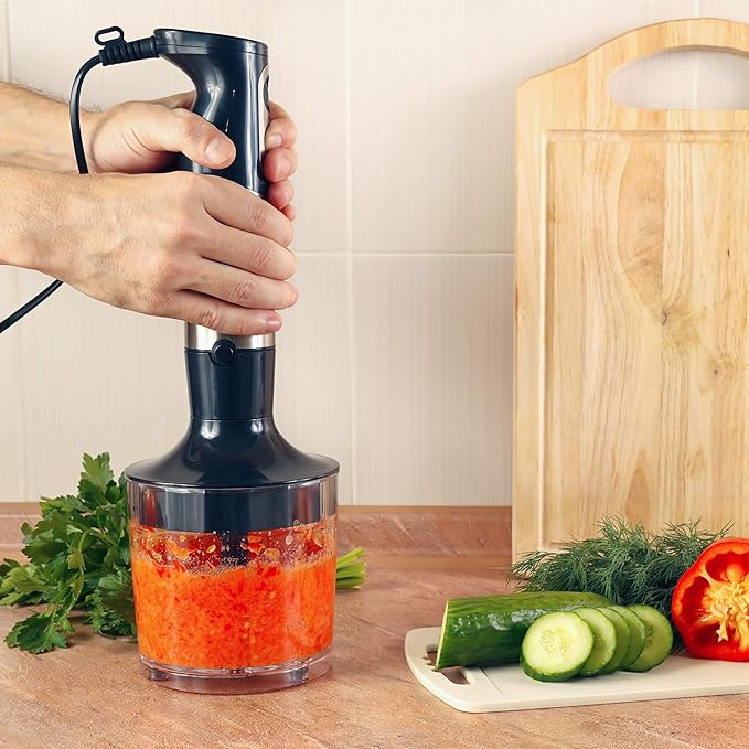 6-Speed Immersion Blender - 4-in-1 Hand Mixer with Whisk Food Processor Cup and 32oz Beaker for Soup Smoothies and More by Classic Cuisine (Black)