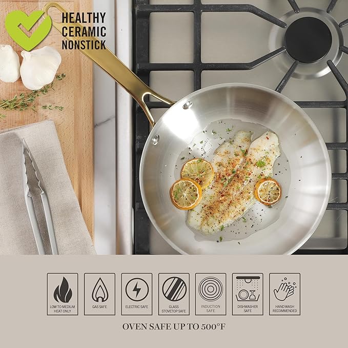 Martha Stewart Castelle 9.5-Inch Stainless Steel Frying Pan with Gold-Tone Handle – Tri-Ply Encapsulated Bottom Oven Safe &amp Induction Safe Skillet for Searing and Sautéing