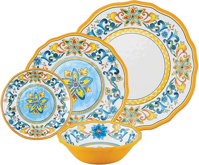 UPware 16 Piece Chianti Melamine Dinnerware Sets Outdoor Dishes Set Plates and Bowls Sets Service for 4 Multicolor