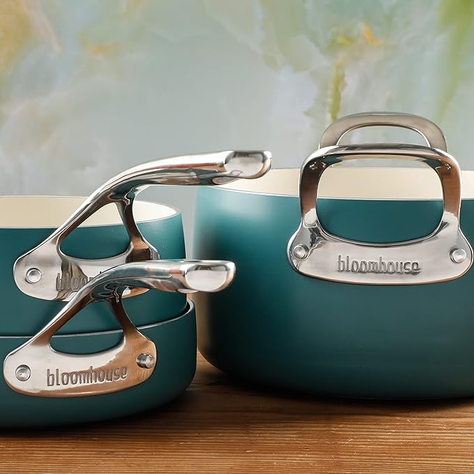 Bloomhouse 12 Piece Aluminum Pots and Pans Cookware Set w/Non-toxic Ceramic Non-stick Ceramic Steamer Insert &amp 12 Protective Care Bags - Agave Blue