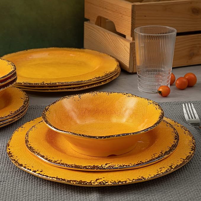 LEHAHA Melamine Dinnerware Sets Outdoor Use Harvest Dinner Plates and Bowls Sets Great for RVs Camping Light Weight and Unbreakable 12 Piece Dishes Dinnerware Set for 4 (Gold)