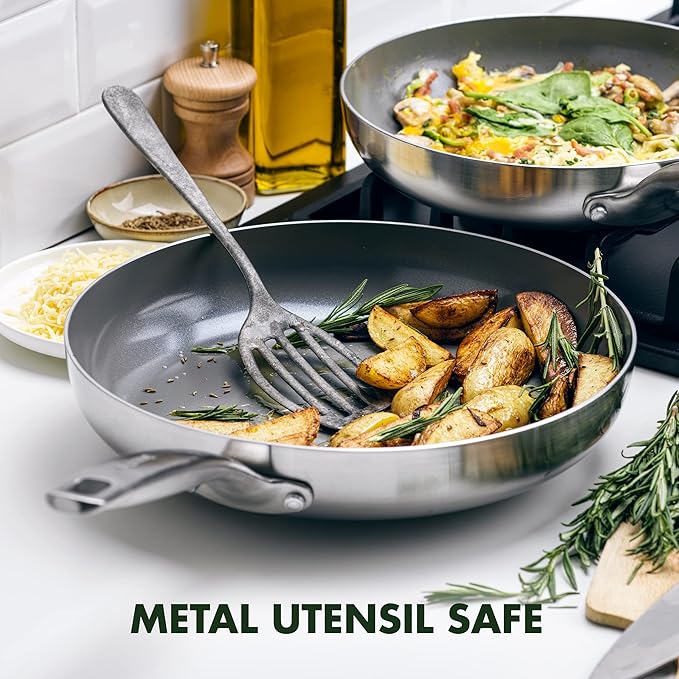 GreenPan Chatham Tri-Ply Stainless Steel 12 Piece Cookware Set PFAS-Free Pots and Pans Multiclad Induction Ready Fry Saute Sauce Pans Stockpot Dishwasher Safe Oven &amp Broiler Safe Silver