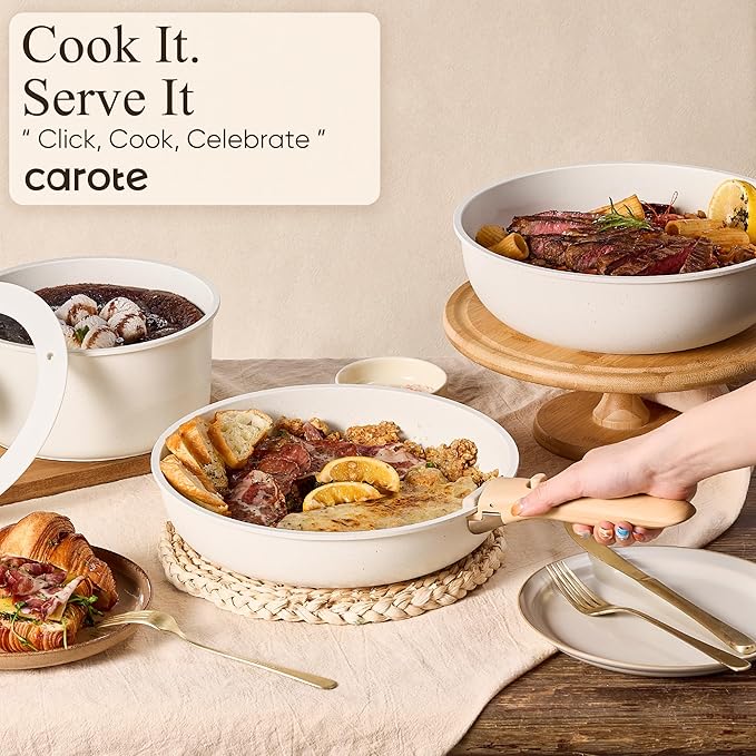 CAROTE Pots and Pans Set Non Stick Cookware Sets Kitchen Set Oven/Dishwasher/Fridge Safe Space Saving Pots Set Nonstick Set with Versatile Detachable Handle Induction RV Set Cream