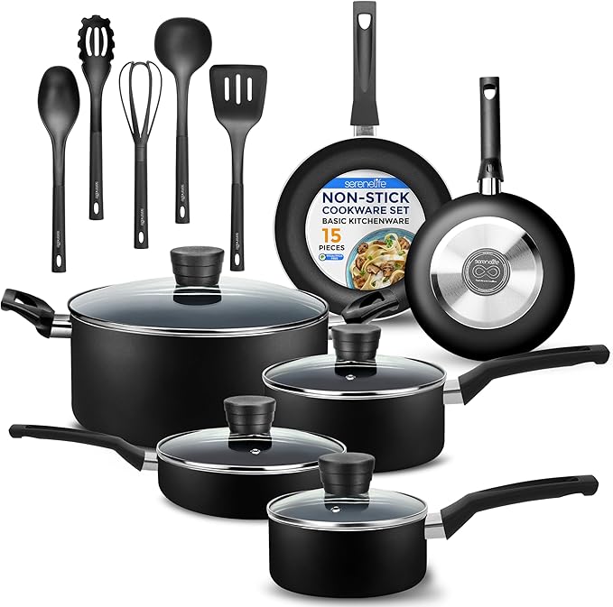 SereneLife Kitchenware Pots &amp Pans Basic Kitchen Cookware Black Non-Stick Coating Inside Heat Resistant Lacquer (15-Piece Set) One Size
