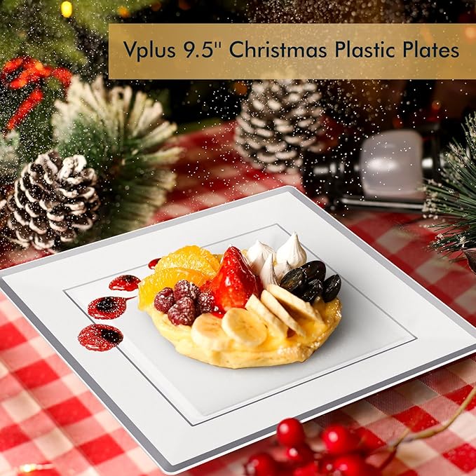 Vplus 90 Piece 9.5 Inch Silver Plastic Plates Disposable Heavy Duty White Elegant Durable Dinner Plastic Party Plates with Silver Rim Perfect for Party Christmas