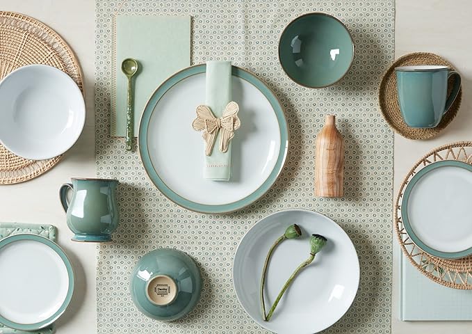 Denby - Regency Green Dinner Plates Set of 4 - Dishwasher Microwave Safe Crockery 26.5cm - Green White Ceramic Stoneware Tableware - Chip &amp Crack Resistant Large Plates