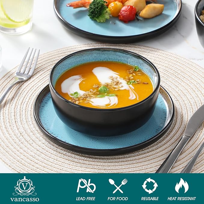 vancasso Plates and Bowls Sets 24 Pieces Stoneware Dinnerware Sets for 8 Kitchen Dish Set Mircowave and Dishwasher Safe Ceramic Dishware Blue Series AMBER