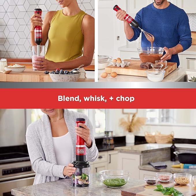 BLACK+DECKER Kitchen Wand Cordless Immersion Blender 3 in 1 Multi Tool Set Hand Blender with Charging Dock Whisk and Chopper Red (BCKM1013K06)
