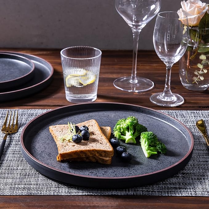 LERATIO Ceramic Dinnerware Sets for 6 High Edge Stoneware Plates and Bowls Set Chip and Crack Resistant | Oven &amp Dishwasher &amp Microwave Safe Dishes Set Service for 6 -Ashen