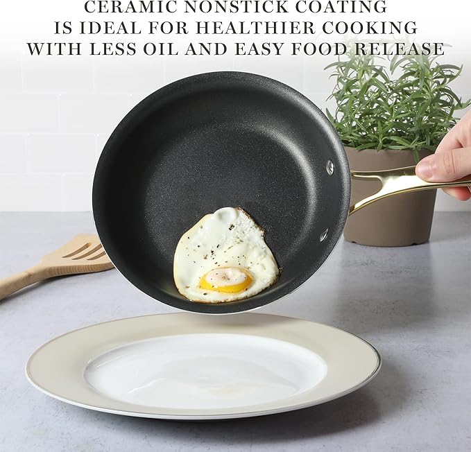 Martha Stewart Lockton 14 Piece Premium Non-Stick Heavy-Gauge Aluminum Cookware Combo Set (Pots Pans and Tools) - Black w/Gold Handles