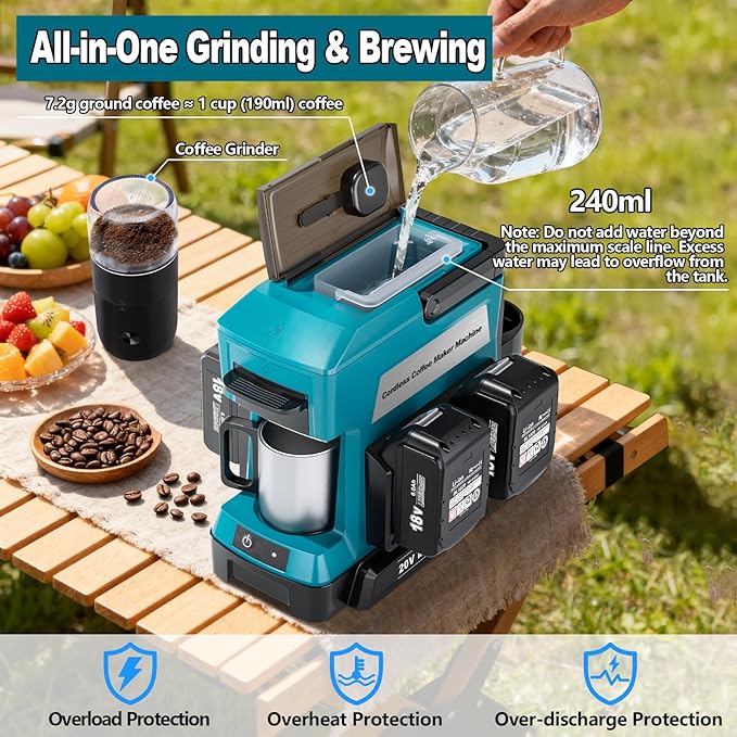 Taingwei Cordless Coffee Maker for Makita 18V Battery Portable Drip Coffee Maker with Electric Coffee Grinder for RV Camping Travel Car Hiking (Battery Not Included)