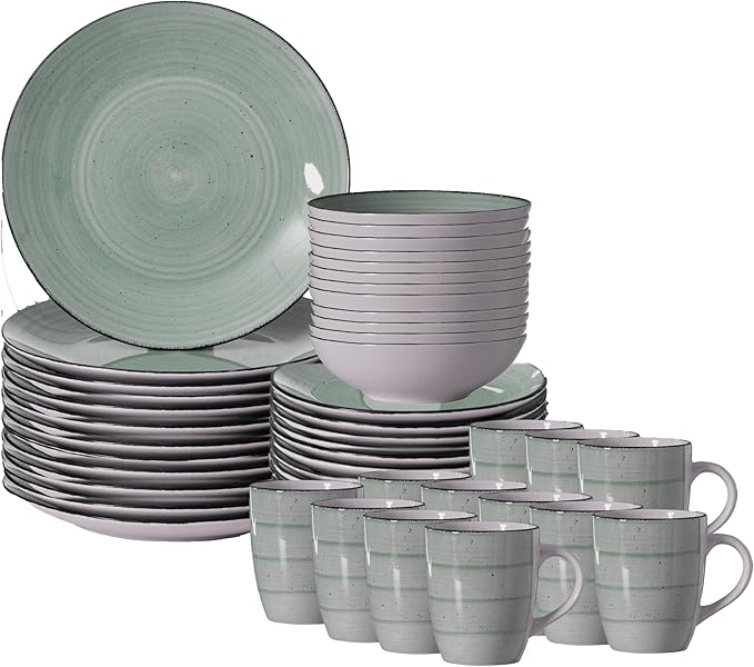 48 PC Spin Wash Dinnerware Dish Set for 12 Person | Mugs Salad and Dinner Plates and Bowls Sets Dishes with Highly Chip and Crack Resistant Dishwasher and Microwave Safe Green